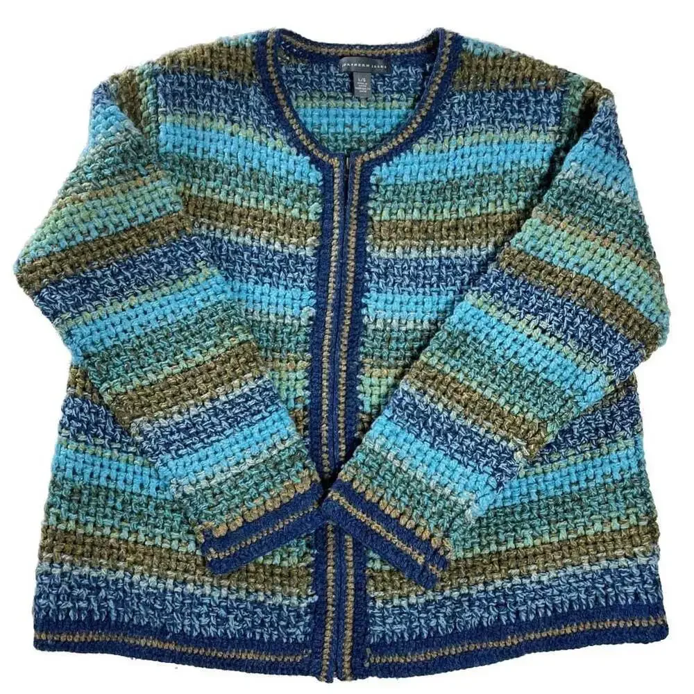 Northern Isles 100% Wool Zip Cardigan Sweater Blue‎ Green Stripe Size L
